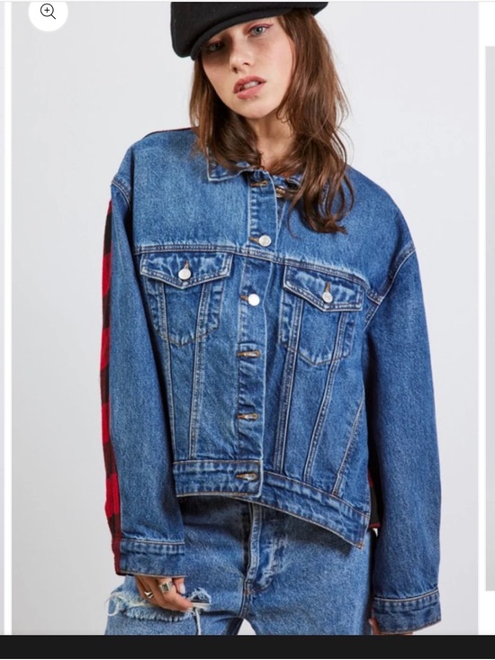 Jackets & Blazers - Classic Blue Denim Jacket with Red Plaid Sleeve Detail
